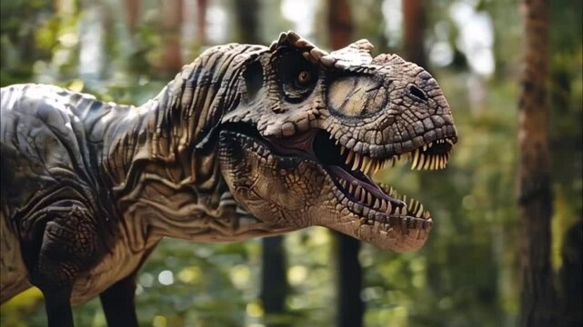 Scary hungry dinosaur with kind eyes and sharp teeth destroying public park