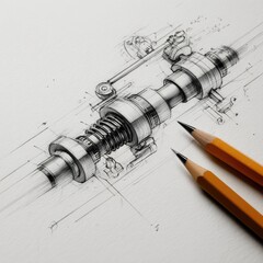 Detailed mechanical sketch, intricate machinery components