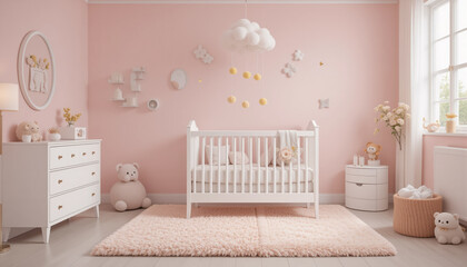 Nursery playroom design with a plush area rug, a vintage wooden crib and stuffed toys.