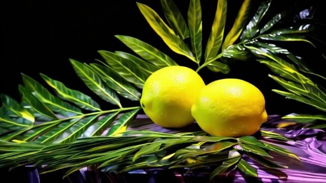 Lemon with leaves for celebration holiday sukkot, abstract vivid composition consists of background