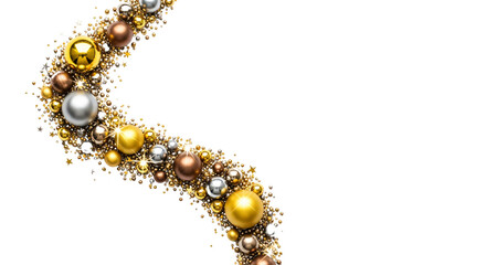 Elegant golden, silver, and bronze Christmas baubles and glitter form a festive wave, perfect for holiday greetings, New Year's Eve invitations, seasonal banners, or luxury celebration designs.