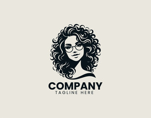 Friendly Young Woman Curly Hair Round Glasses Approachable Portrait Vector Logo Design