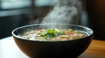 Aromatic Steam Rising from a Bowl of Chicken Noodle Soup
