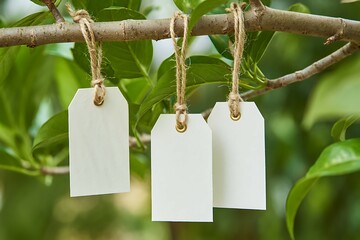 Blank cardboard price tags hanging on a tree branch, perfect for sale messages or gift. Fresh green mint leaves are scattered above, creating a fresh and eco-friendly atmosphere. 