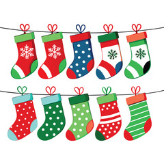 Festive Christmas Cheer Eight Cartoon Stockings Hung with Dog Illustration