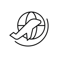 World Travel Icon with Airplane and Globe Thin Line for Global Aviation and Tourism Design