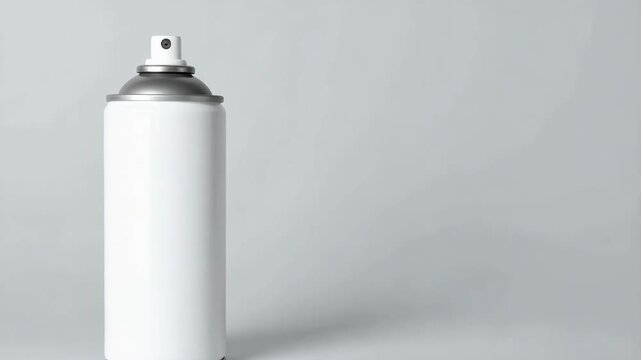 Unlabeled white aerosol spray can with silver top on a plain light gray background in a studio shot for general creative use