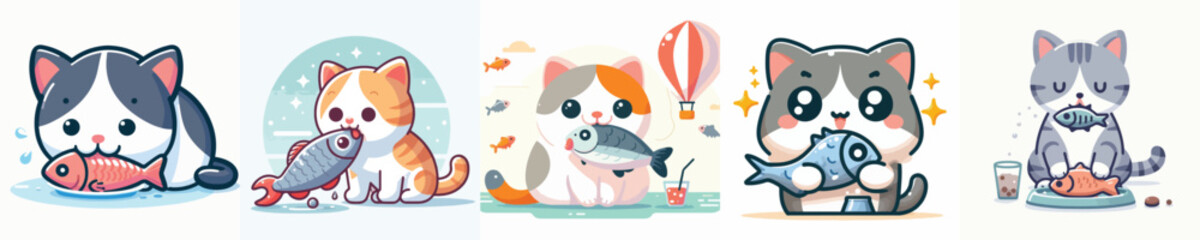 vector of a cat eating fish