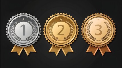  Gold, silver and bronze metal circle frames 3d vector realistic illustration. First, second and third place medals or buttons isolated on black background. Certified. Quality blank, empty badge set.
