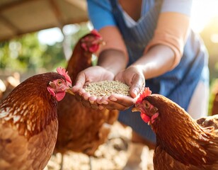 Rustic farm setting with smiling farmers and healthy hens feeding directly from the hand