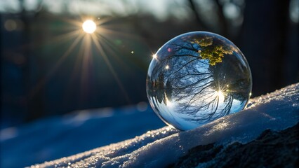 Glass Sphere Reflection on a Dark Blue Surface with Sunlight