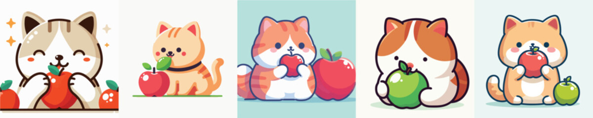 vector of a cat eating apple