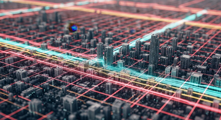 Abstract Digital Cityscape With Grid Lines And Illuminated Structures With Blue And Red Tones
