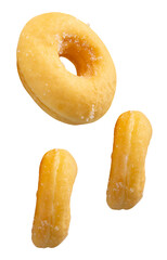 Top view set of three pieces of scattering cinnamon donuts isolated on white background with clipping path