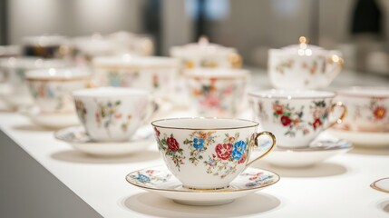 Elegant Floral Teacups on Display