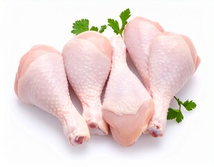 Fresh raw chicken drumsticks arranged on a white background with parsley