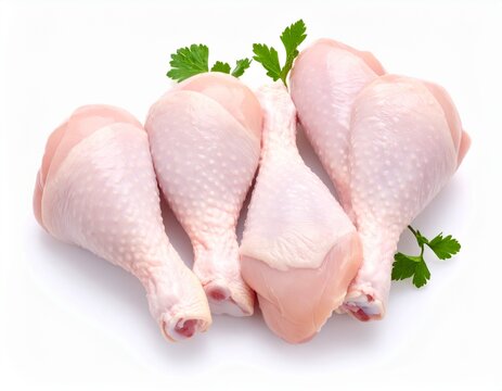 Fresh raw chicken drumsticks arranged on a white background with parsley