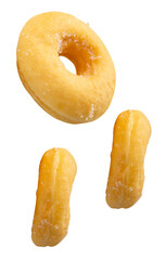 Top view set of three pieces of scattering cinnamon donuts isolated with clipping path in png file format