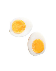 Top view set of cooked or boiled chicken eggs with egg yolk in two halves isolated on white background with clipping path