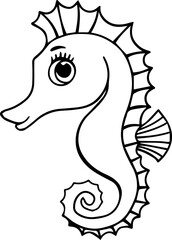 Black and white vector illustration of a sea horse for coloring book. Simple outline drawing on white background. Ideal for kids’ coloring pages