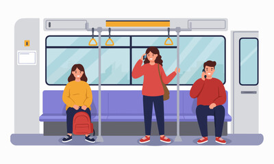 A clean and modern flat illustration showing people inside a train car. Includes both seated and standing figures, with a focus on social behavior and urban routine. Suitable for editorial, web, or ed