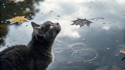 Gray Cat Gazing Upward From Rainy Puddle with Leaf Reflections.