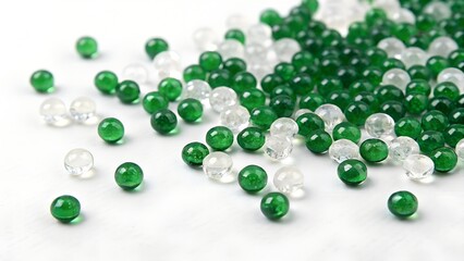  Green and Clear Glass Beads on White Background.