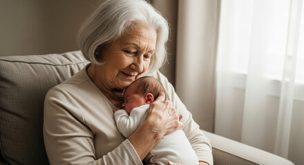 Elderly Woman Cradles Newborn Baby Indoors Near Window Smiling in Affectionate Embrace