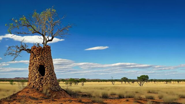 Unique termite mound stands tall in the outback landscape of Australia under a vast blue sky, Outback Australia desert landscape Termite house mound in wilderness of north