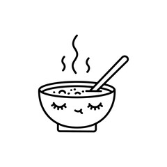 Black Line Icon of Sleepy Hot Soup Bowl with Steam