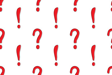 Beautiful seamless exclamation mark and question mark pattern on white background. Red symbols and signs. Flat design. For wallpaper, textiles, packaging, background, website.