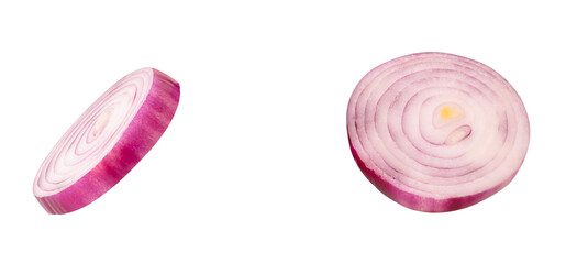 Spanish onion or red onion slices in set scattering isolated with clipping path in png file format