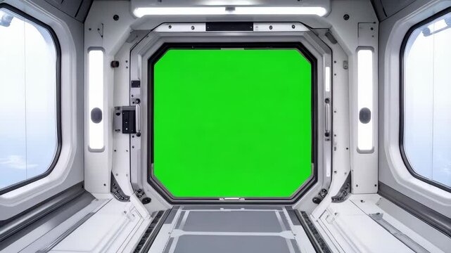 Futuristic spaceship window with chroma key, science fiction backdrop for space travel simulation or visual effects