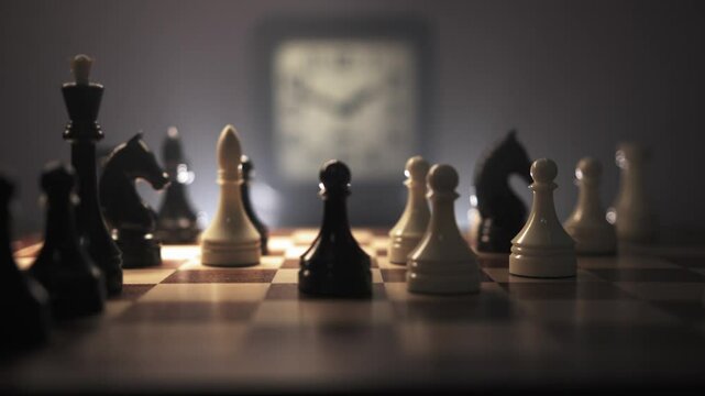 A hand move a chess pieces on a brown chessboard with white clock on background
