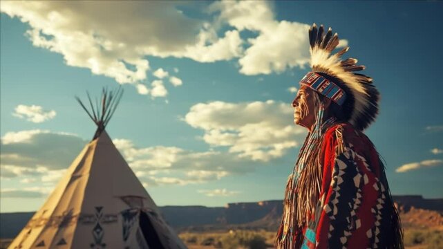 Native American Elder Contemplating Heritage Near Teepee Under Vast Sky