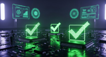 Glowing Green Check Marks On Electronic Circuit Board Displaying Data Analysis And System Verification