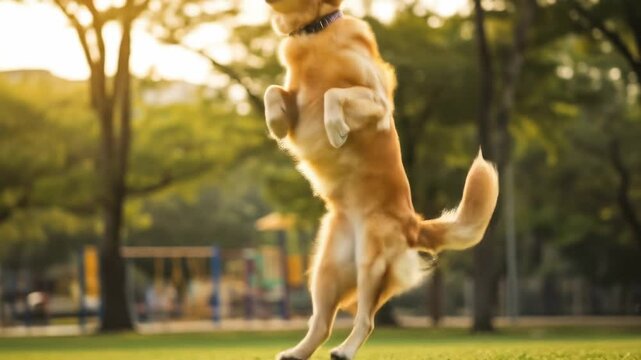 Golden retriever playing frisbee in park