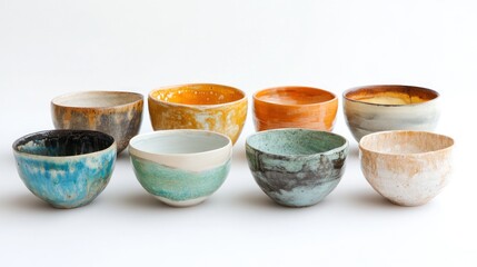 Collection of eight handcrafted ceramic bowls, showcasing unique glaze variations and colors. Artisan pottery, beautiful tableware