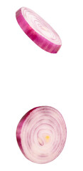 Spanish onion or red onion slices in set scattering isolated with clipping path in png file format