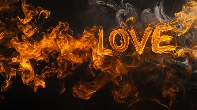 Fiery love: orange flames and smoke forming word on black background