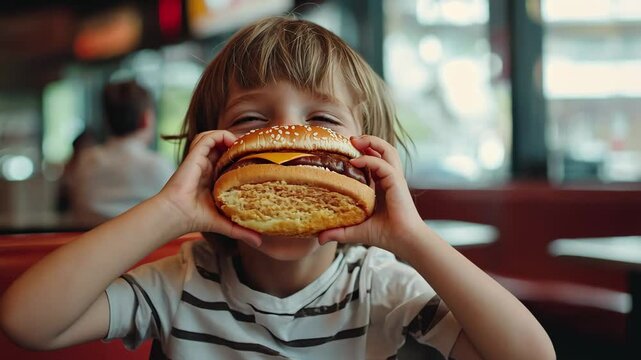 Boy happily enjoying a large burger in a fast food restaurant during lunch hour, Boy child funny eating big tasty burger in fast food restaurant