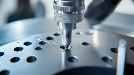 Precision Engineering: Close-up of a CNC Machine Drilling a Metal Plate