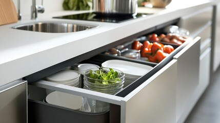 Modern Kitchen Design: Organized Drawers with Fresh Produce and Dishes