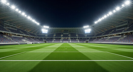 Empty Stadium At Night With Green Field And Bright Lights For Sports Competition And Event