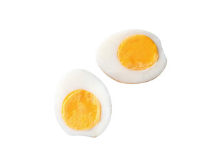 Top view set of cooked or boiled chicken eggs with egg yolk in two halves isolated on white background with clipping path