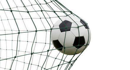Soccer Ball In The Net Against White Background Depicting Sport And Success