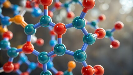 Cancer, oncology and genetics concept Molecular structure with colorful atoms connected by bonds.
