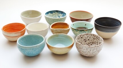 Collection of Handmade Ceramic Bowls, Diverse Colors and Textures