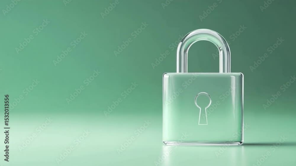 Poster transparent padlock on green: a crystal-clear padlock rests on a subtle green background, symbolizin