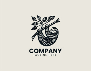 Relaxed Sloth Hanging Lazily Tree Branch Peaceful Nature Vector Logo Design